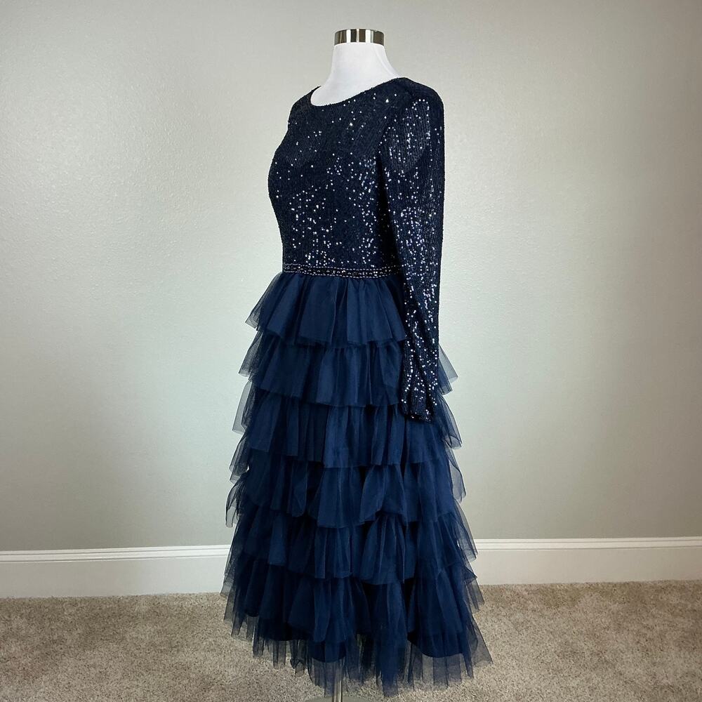 Mac Duggal 26299 Blue Cocktail Dress Sequined Tulle Long Sleeve A-Line Size 14 - Picture 5 of 11